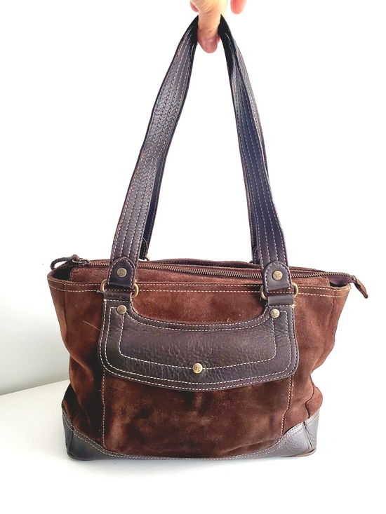 Eddie Bauer Handbags - Eddie Bauer Brown Suede Shoulder Bag with Dark Leather Trim